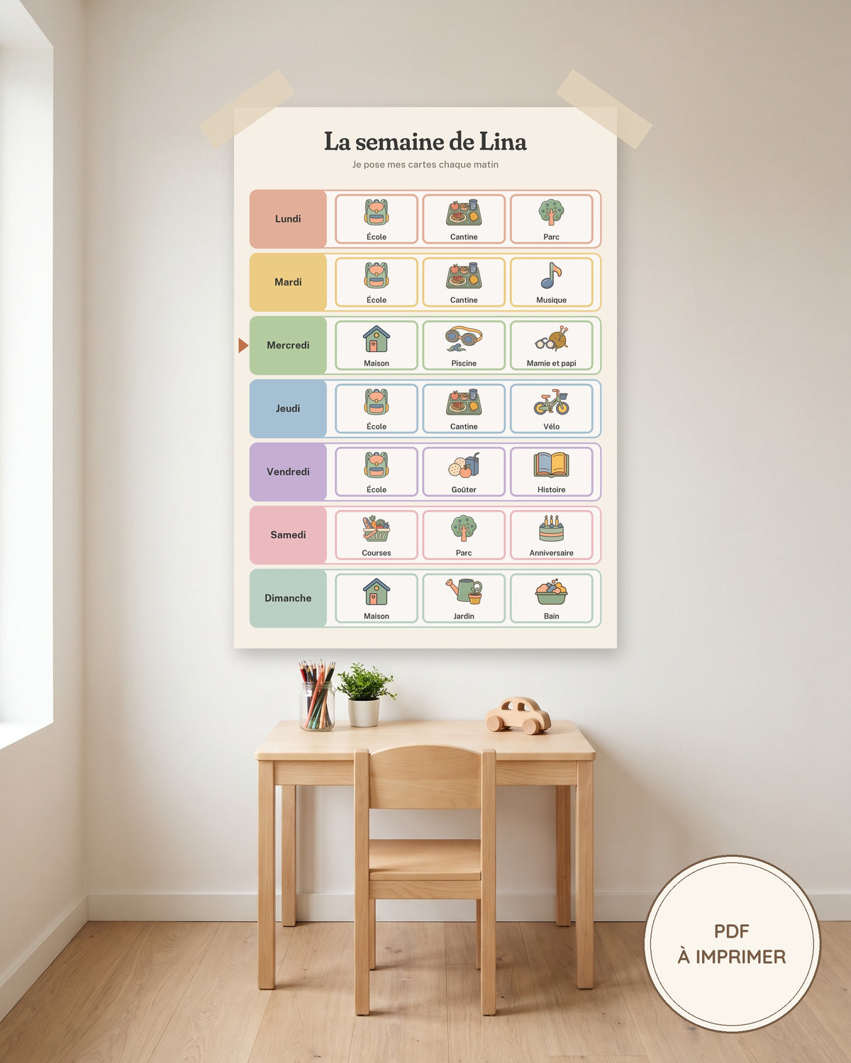 Semainier enfant personnalisé à imprimer, 30 cartes pictogrammes : imprimé et accroché au mur, exemple personnalisé