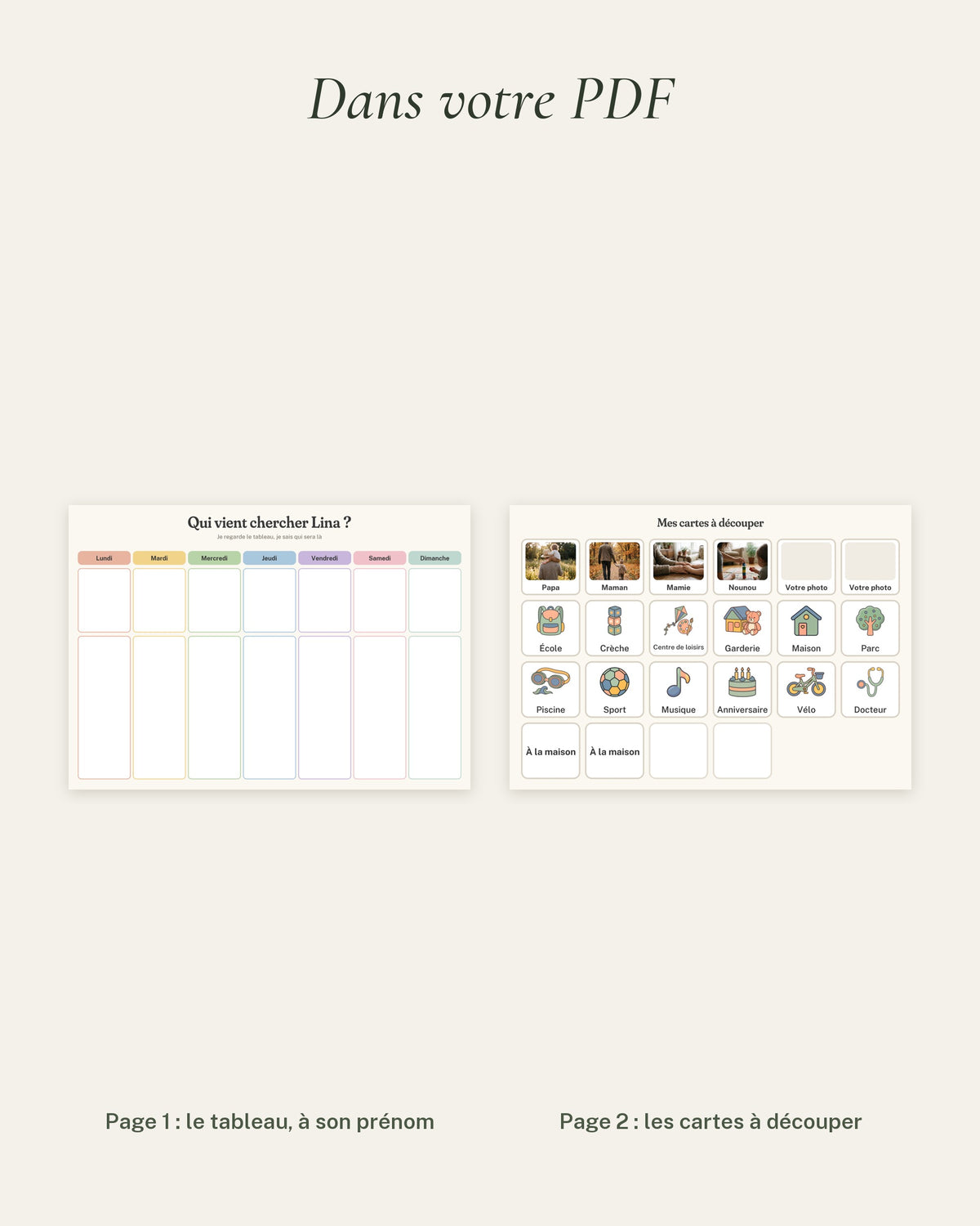 Semainier enfant avec photos à imprimer, qui vient me chercher : le contenu du PDF, le tableau et les cartes à découper