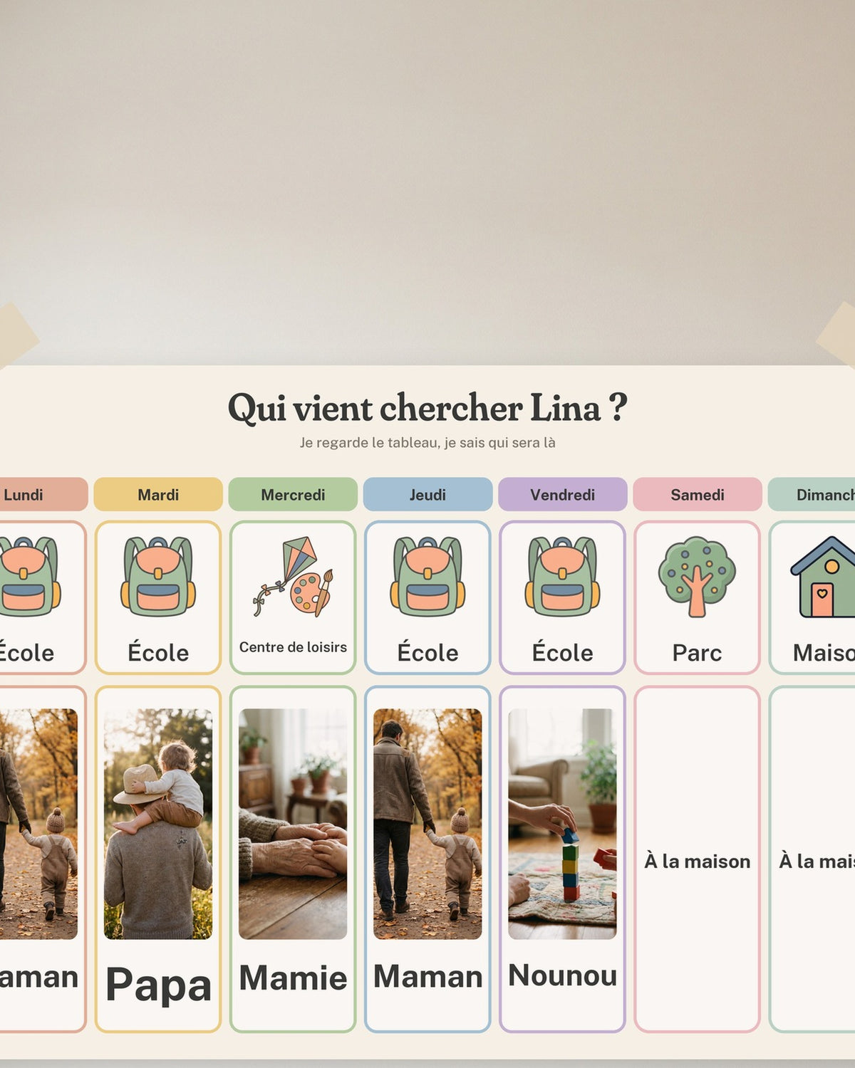 Semainier enfant avec photos à imprimer, qui vient me chercher : gros plan sur l’affiche encadrée