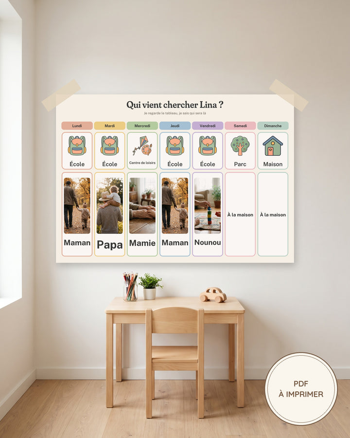 Semainier enfant avec photos à imprimer, qui vient me chercher : imprimé et accroché au mur, exemple personnalisé