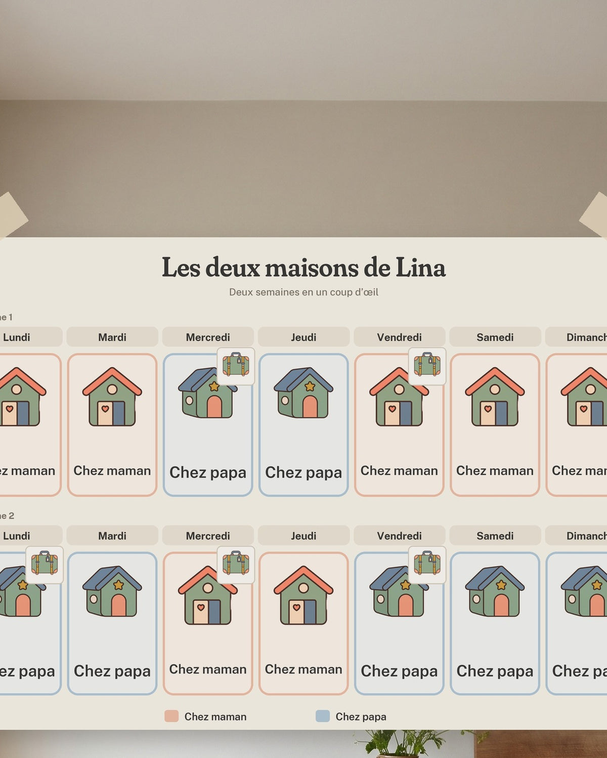 Semainier garde alternée à imprimer, chez maman, chez papa : gros plan sur l’affiche encadrée