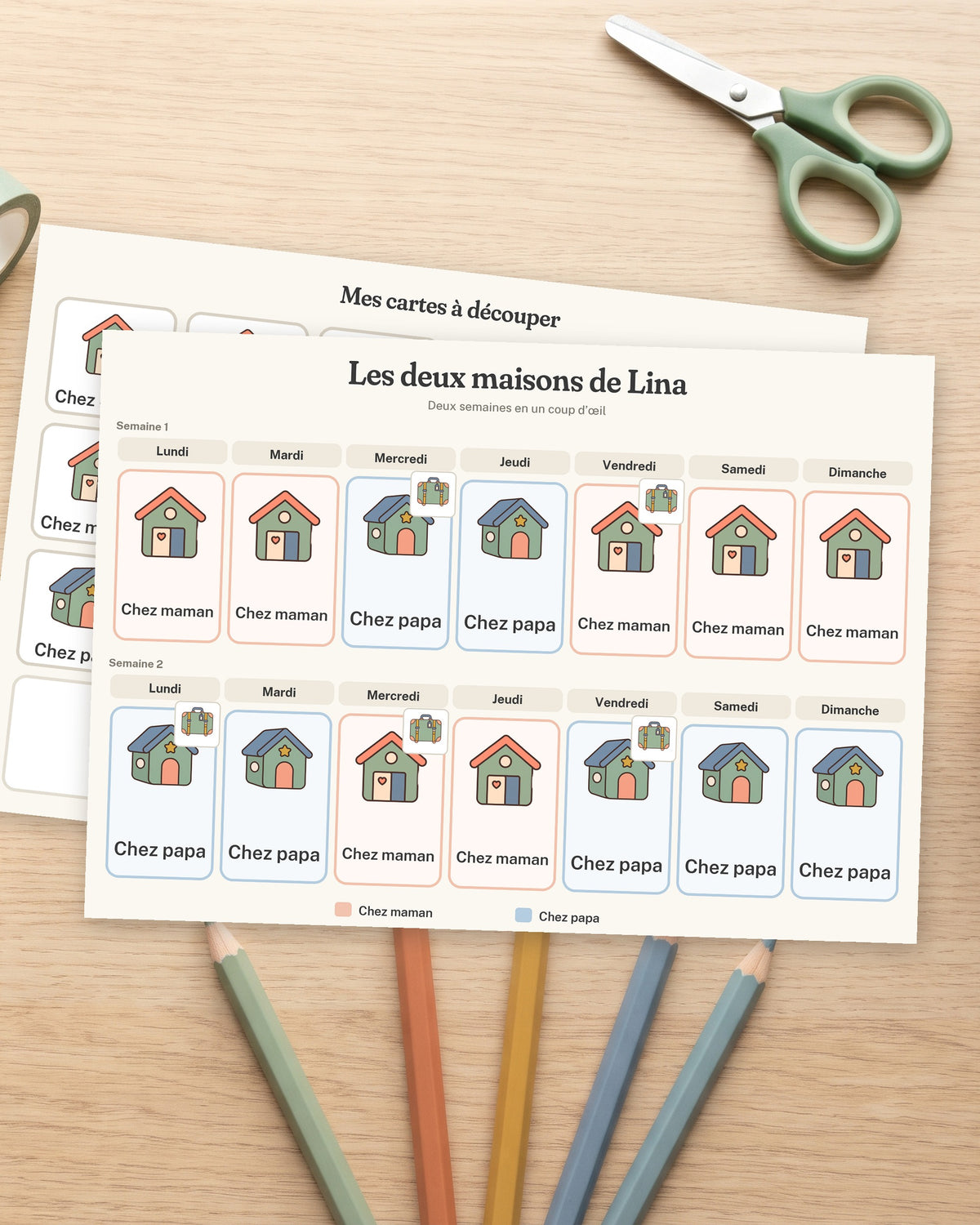 Semainier garde alternée à imprimer, chez maman, chez papa, autre exemple de mise en situation