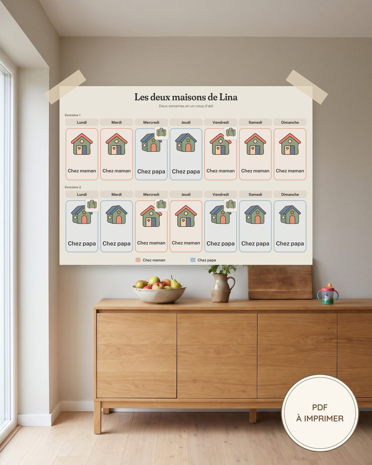 Semainier garde alternée à imprimer, chez maman, chez papa : imprimé et accroché au mur, exemple personnalisé