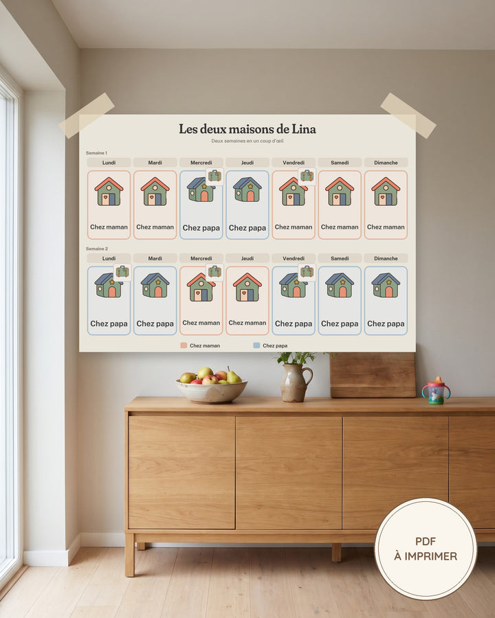 Semainier garde alternée à imprimer, chez maman, chez papa : imprimé et accroché au mur, exemple personnalisé