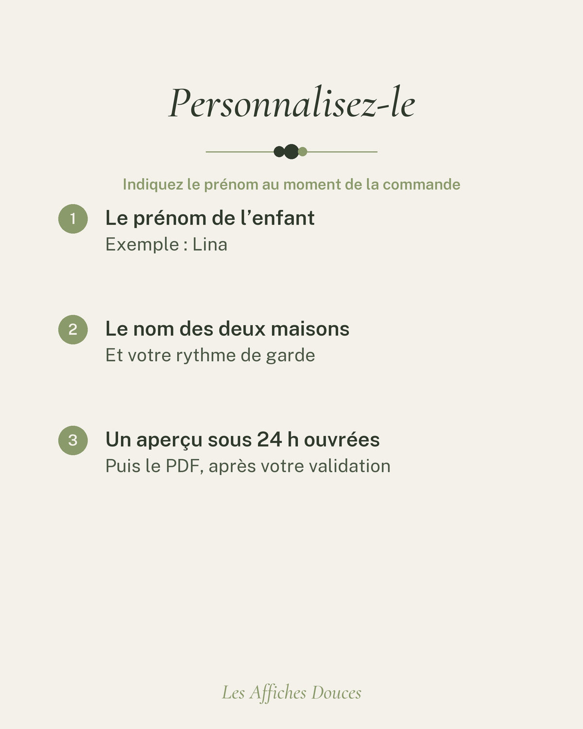 Ce que vous personnalisez : le prénom, le nom des 2 maisons et, si vous voulez, votre rythme de garde