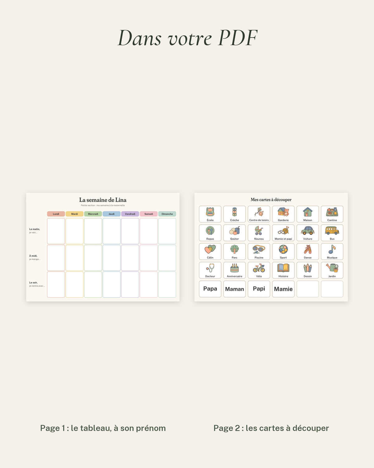 Semainier maternelle personnalisé à imprimer, école, cantine, garderie : le contenu du PDF, le tableau et les cartes à découper