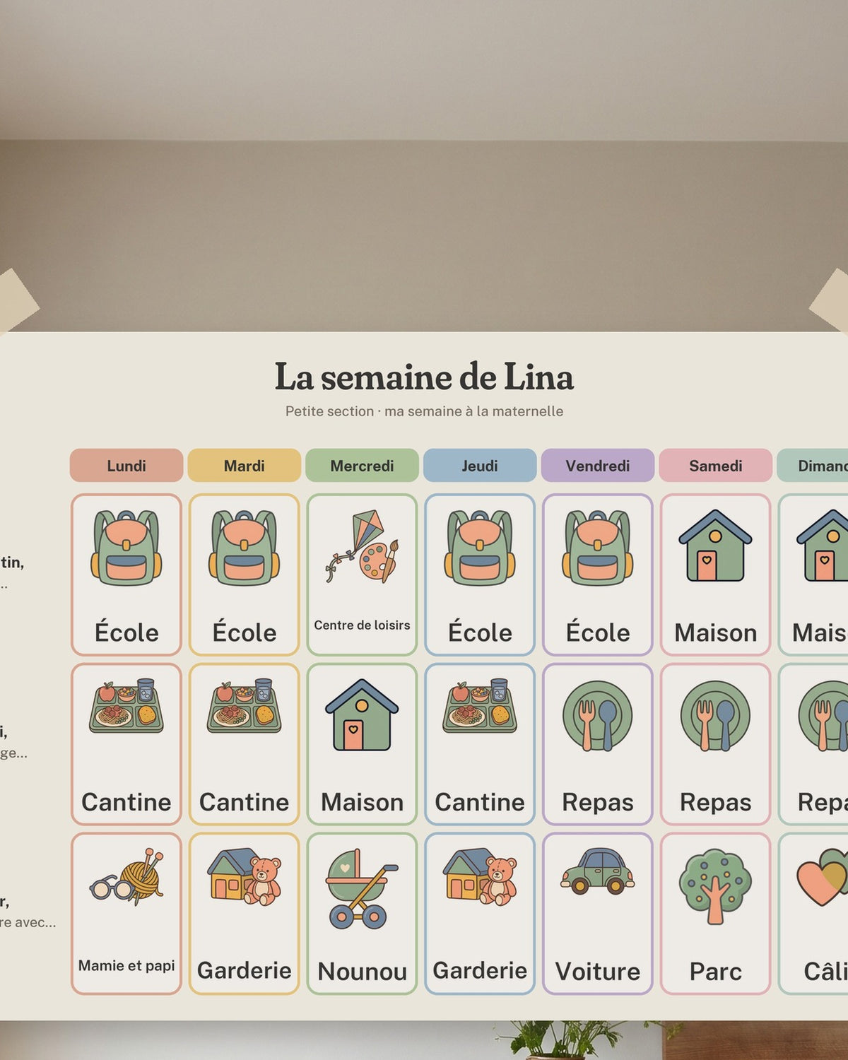 Semainier maternelle personnalisé à imprimer, école, cantine, garderie : gros plan sur l’affiche encadrée