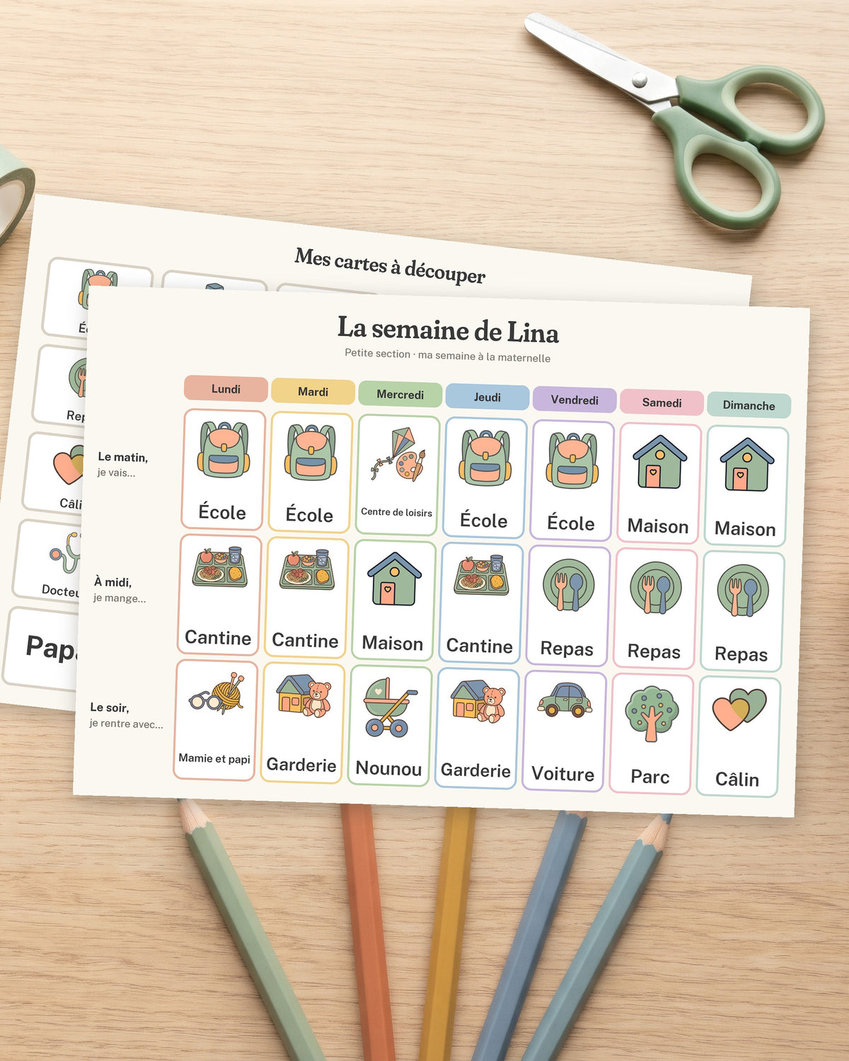 Semainier maternelle personnalisé à imprimer, école, cantine, garderie, autre exemple de mise en situation