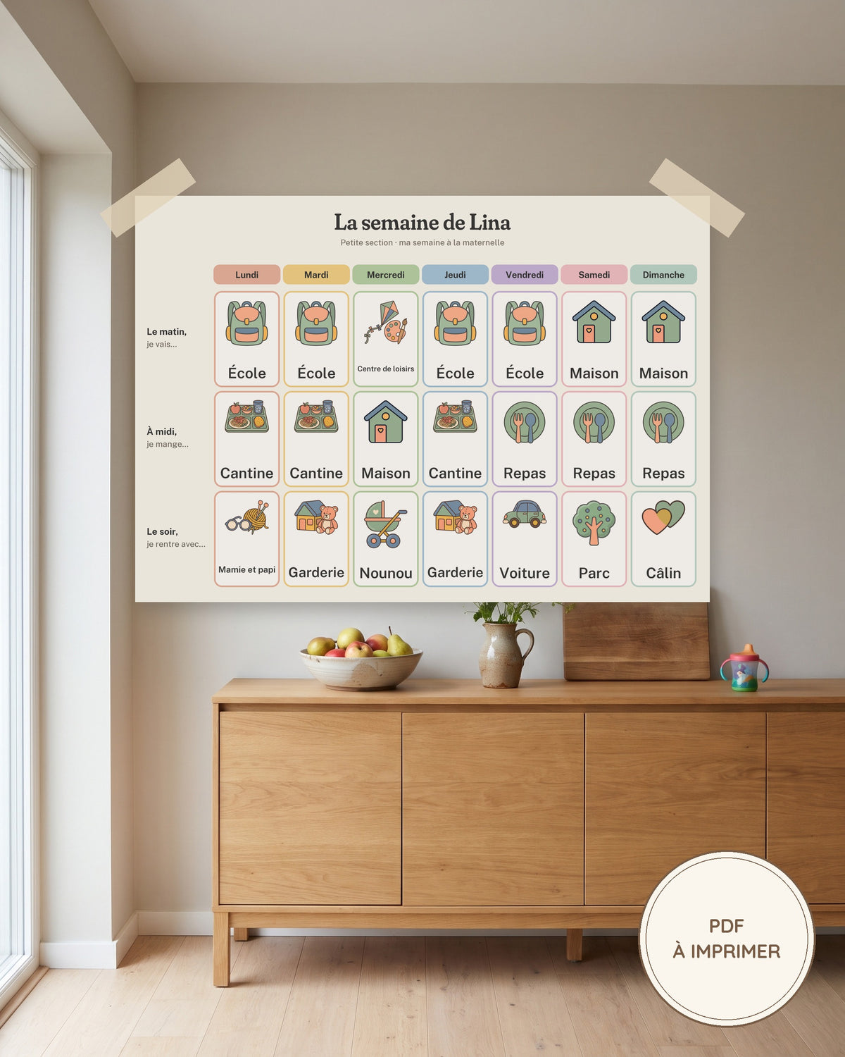 Semainier maternelle personnalisé à imprimer, école, cantine, garderie : imprimé et accroché au mur, exemple personnalisé