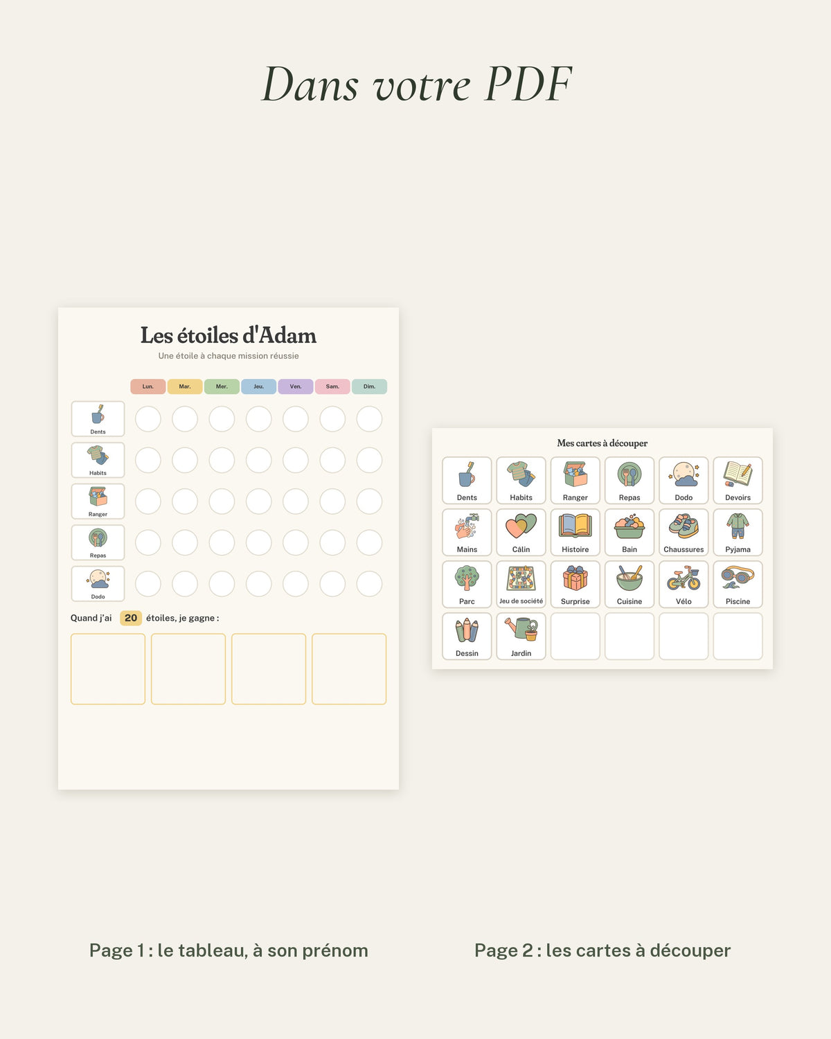 Tableau de récompenses enfant à imprimer, tableau des étoiles : le contenu du PDF, le tableau et les cartes à découper