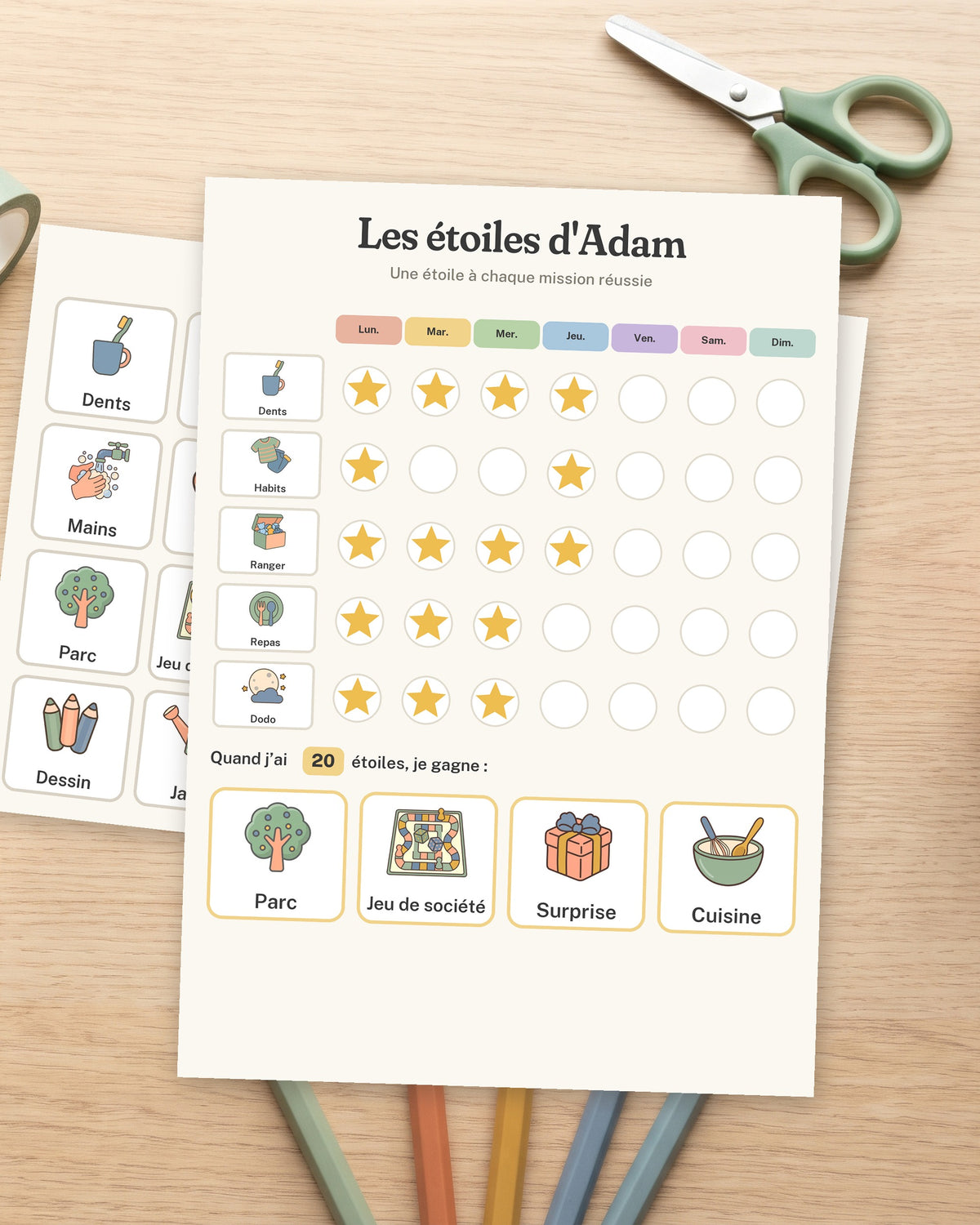 Tableau de récompenses enfant à imprimer, tableau des étoiles, autre exemple de mise en situation