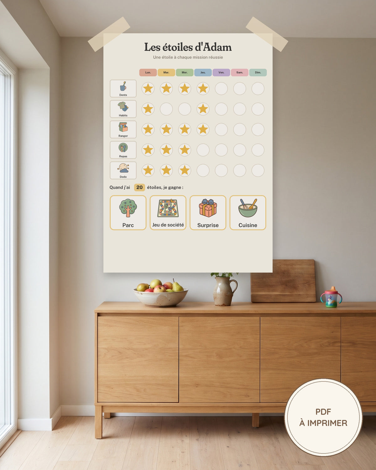 Tableau de récompenses enfant à imprimer, tableau des étoiles : imprimé et accroché au mur, exemple personnalisé