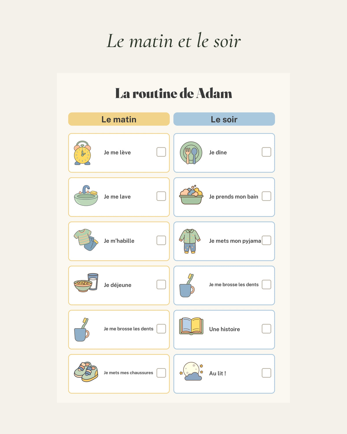 Tableau de routine à imprimer : le matin et le soir avec prénom, exemple « La routine d’Adam »