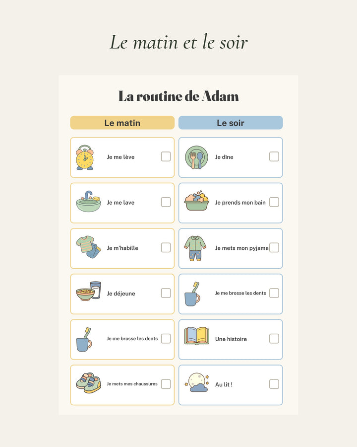 Tableau de routine à imprimer : le matin et le soir avec prénom, exemple « La routine d’Adam »