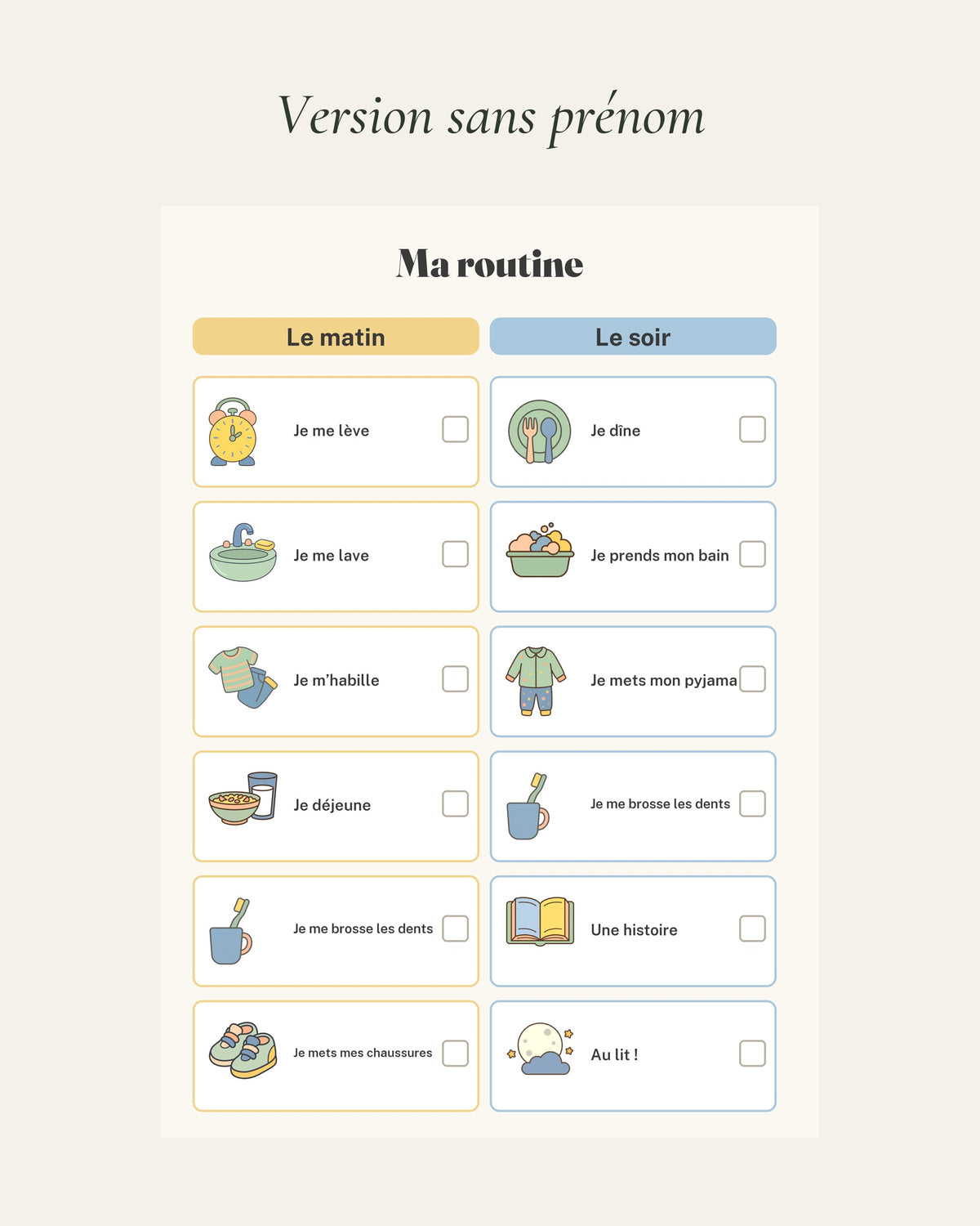 Tableau de routine à imprimer, version sans prénom