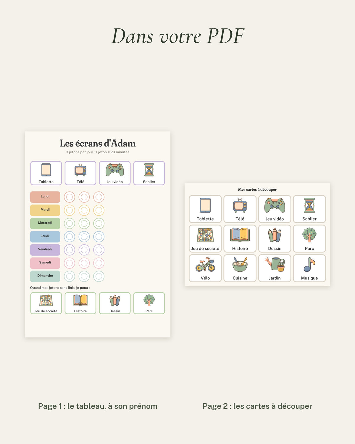 Tableau temps d’écran enfant à imprimer, jetons écrans : le contenu du PDF, le tableau et les cartes à découper