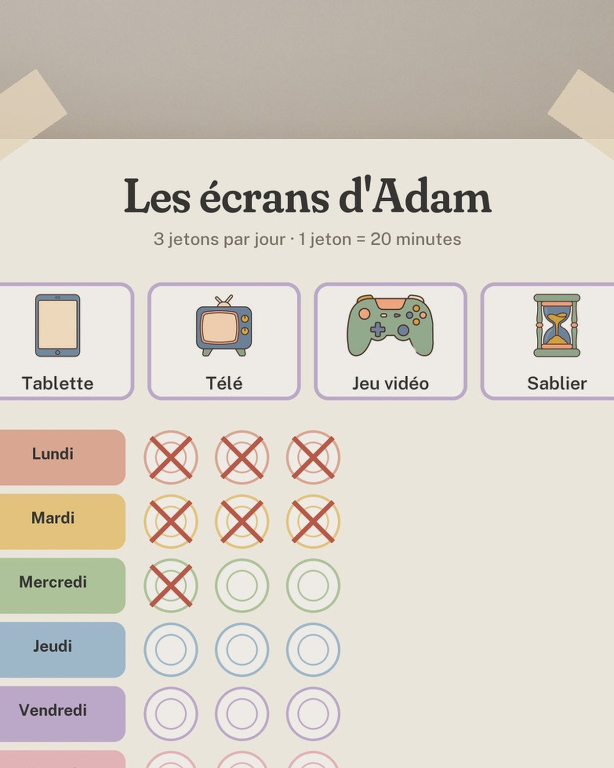 Tableau temps d’écran enfant à imprimer, jetons écrans : gros plan sur l’affiche encadrée