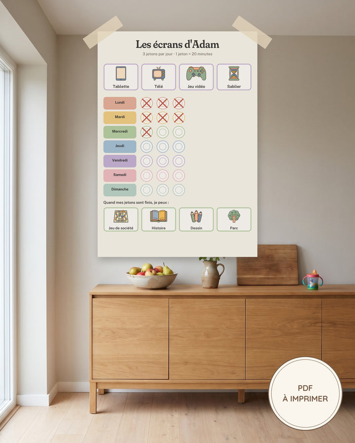 Tableau temps d’écran enfant à imprimer, jetons écrans : imprimé et accroché au mur, exemple personnalisé